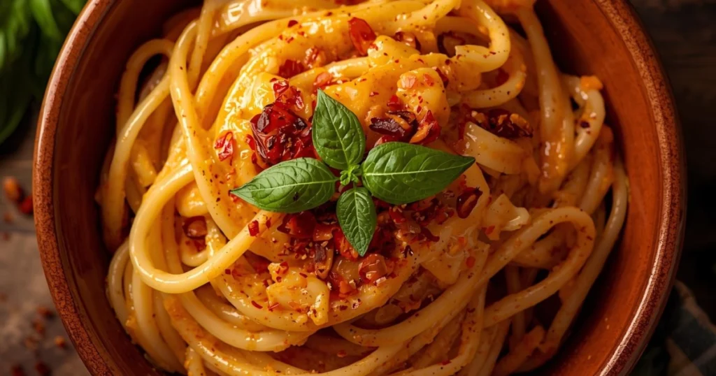 Creamy Gigi Hadid spicy vodka pasta served in a bowl with parmesan cheese and basil garnish.