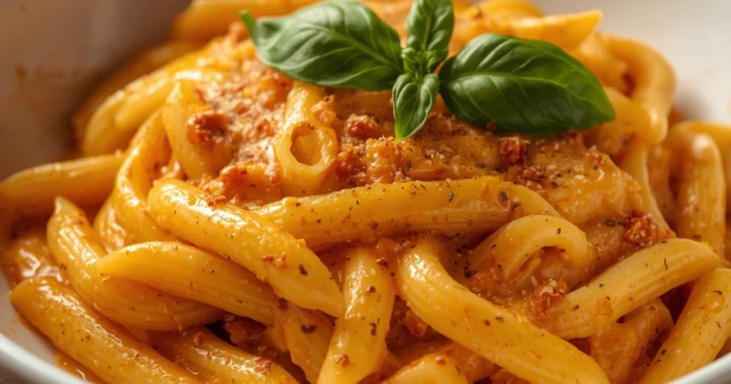 Penne pasta in creamy tomato vodka sauce topped with grated parmesan and red pepper flakes.