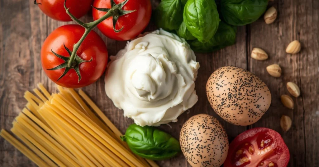 Close-up of spicy vodka pasta with creamy tomato sauce and fresh basil leaves.