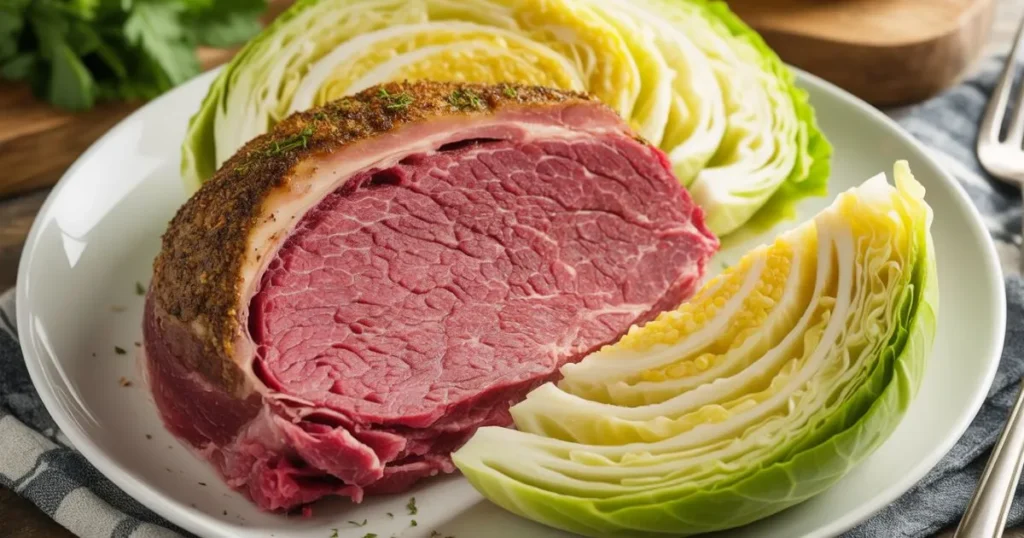 Crock pot corned beef and cabbage served with potatoes and carrots in a rustic bowl