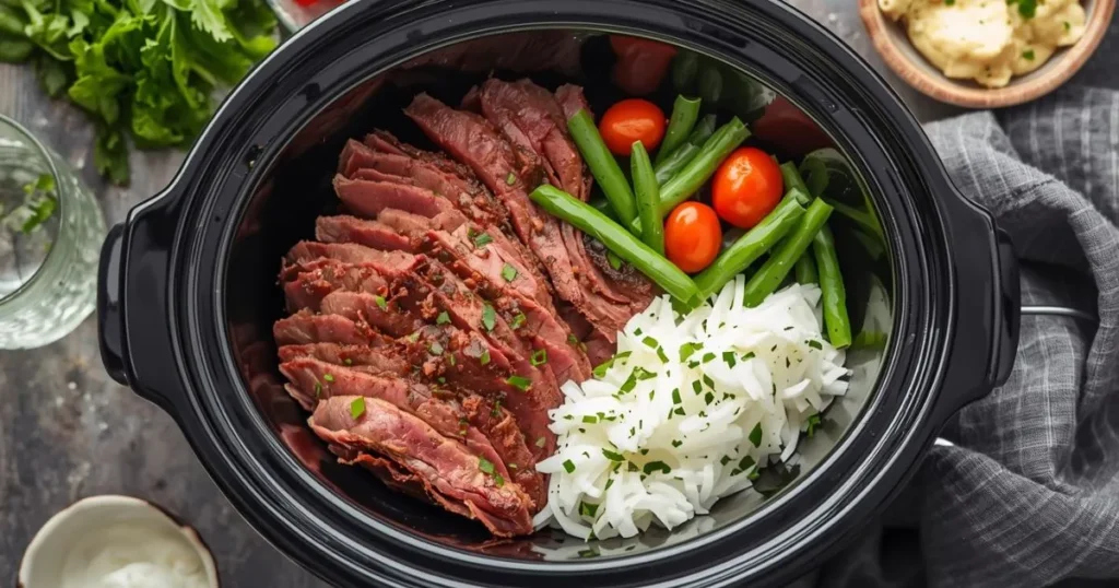 Comfort food slow cooker corned beef with cabbage and broth in a serving dish