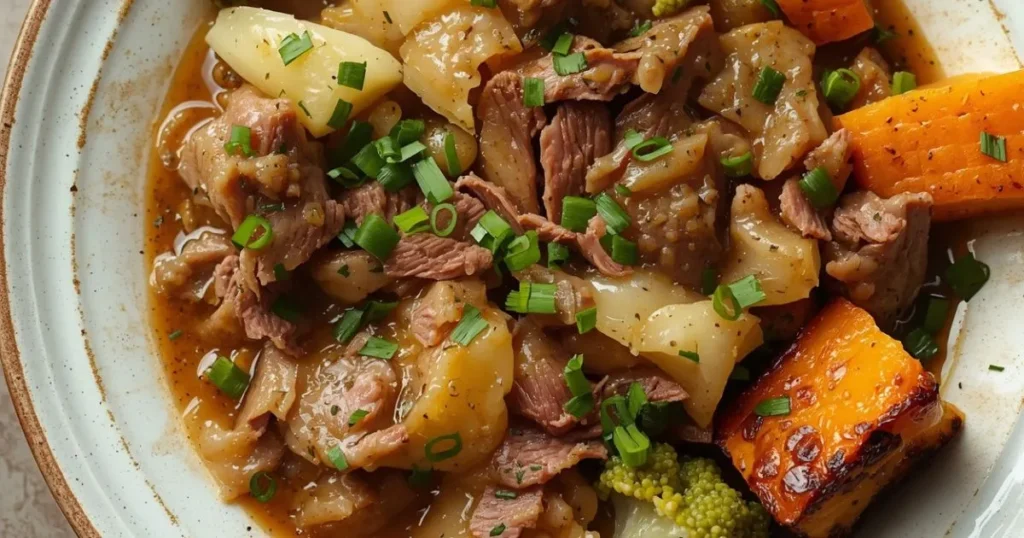 Traditional corned beef and cabbage with potatoes and carrots on a dinner plate