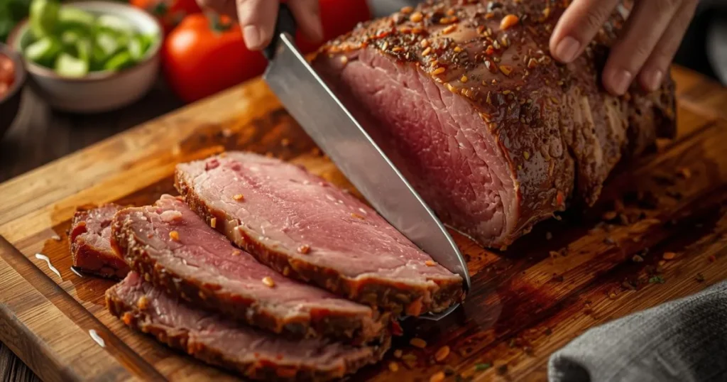 Close up of juicy sliced corned beef showing tender texture