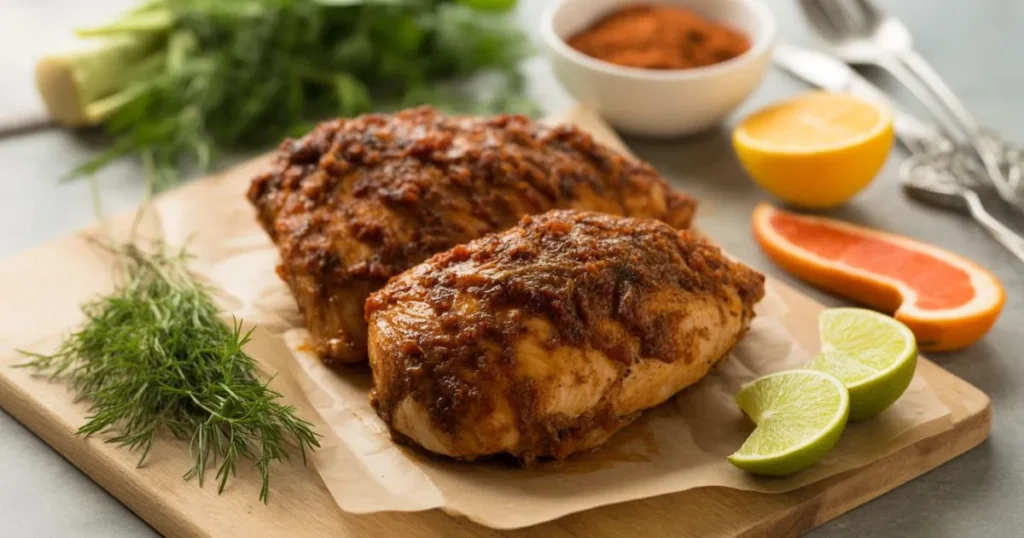 Plate of golden-brown Grace Foods jerk chicken with fresh thyme and lime wedges, ready to enjoy.