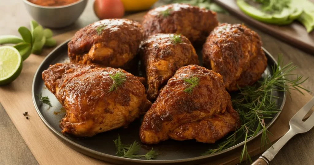 Close-up of Grace Foods jerk chicken being grilled, smoky and spiced, with a brush of marinade.