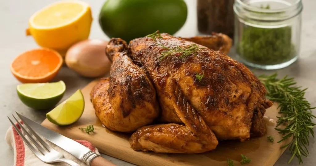 Juicy Grace Foods jerk chicken on a serving platter, garnished with lime slices and fresh herbs.