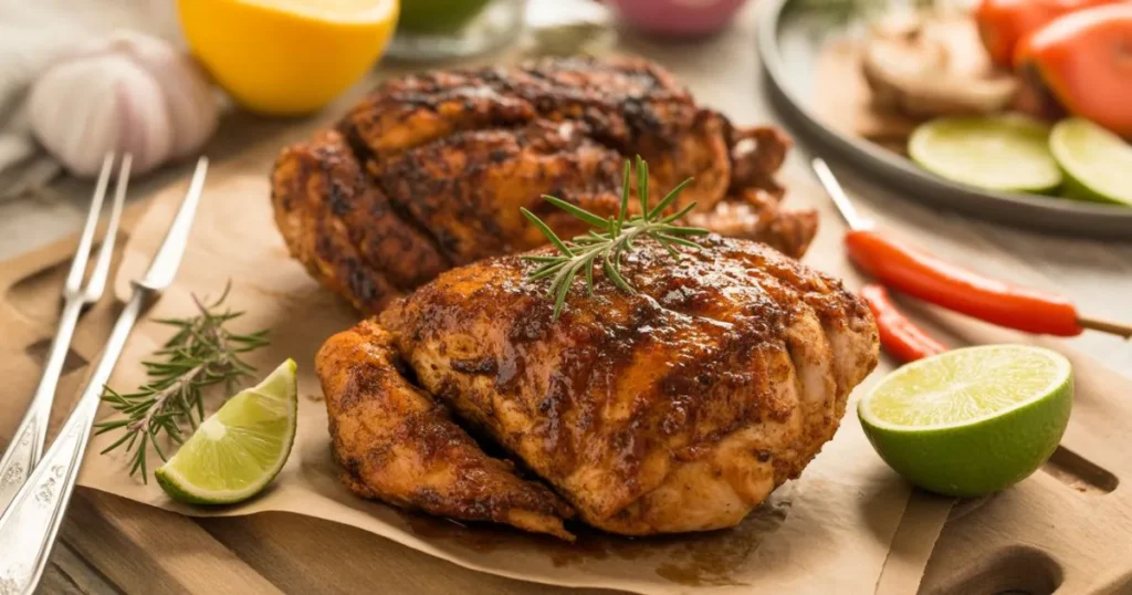 Plate of Grace Foods jerk chicken, spicy and tender, garnished with lime wedges and fresh thyme.