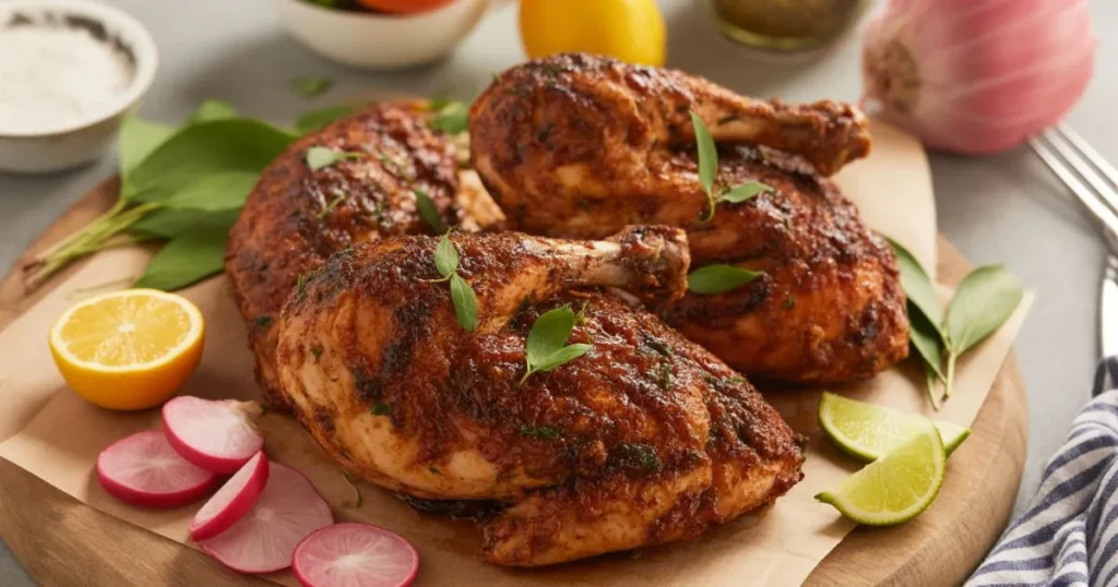 Grace Foods jerk chicken on a platter surrounded by fresh sides and herbs.