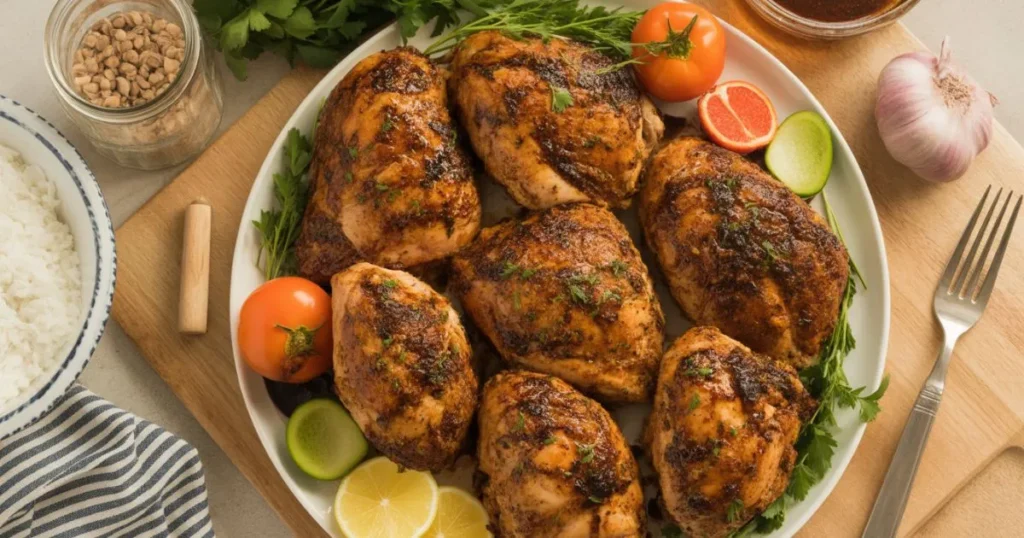 Grilled Grace Foods jerk chicken with smoky char marks, ready for BBQ.