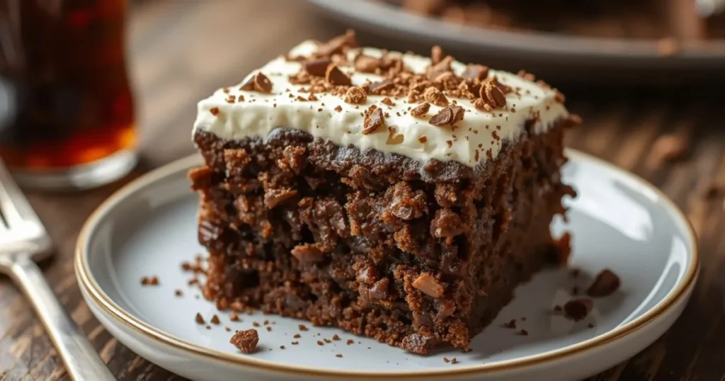 A square slice of Coca Cola chocolate cake with smooth frosting and a soft crumb texture visible inside.