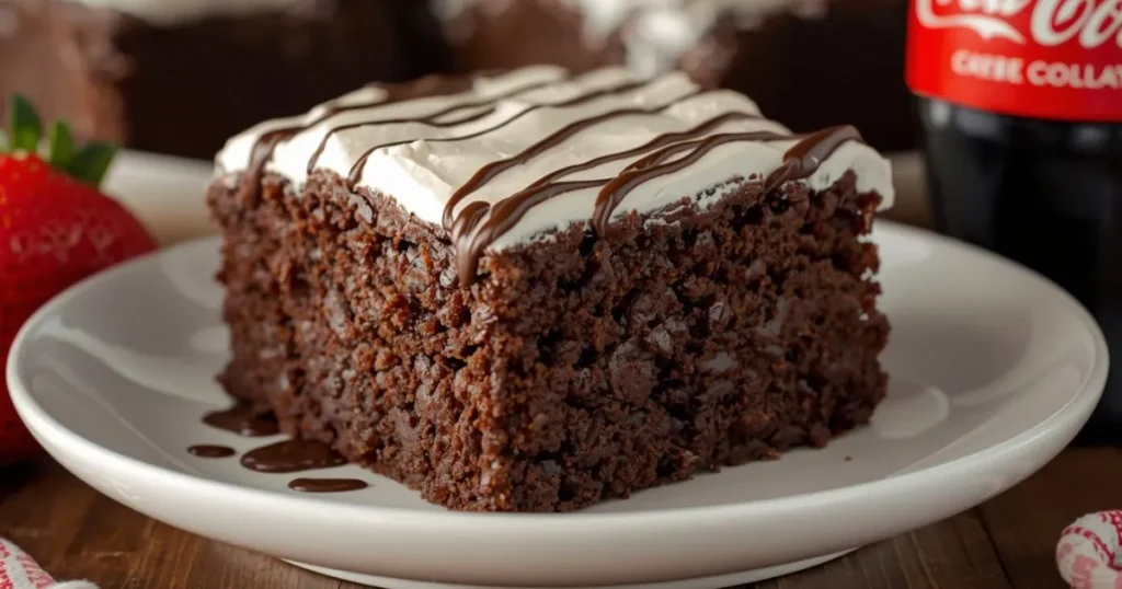 A chocolate Coca Cola cake cooling on a kitchen counter with baking ingredients in the background.