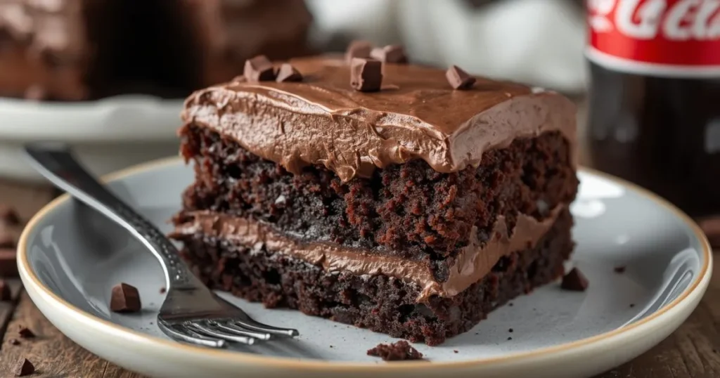 Close-up of a rich Coca Cola chocolate cake with thick chocolate frosting and a moist interior
