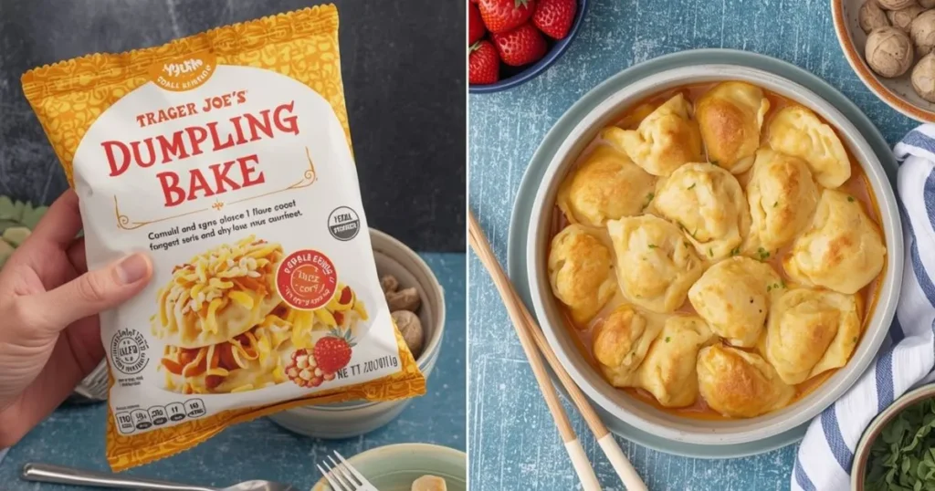 Hot Trader Joe’s dumpling bake in a baking dish, with golden cheese crust and a sprinkle of green onions for garnish.