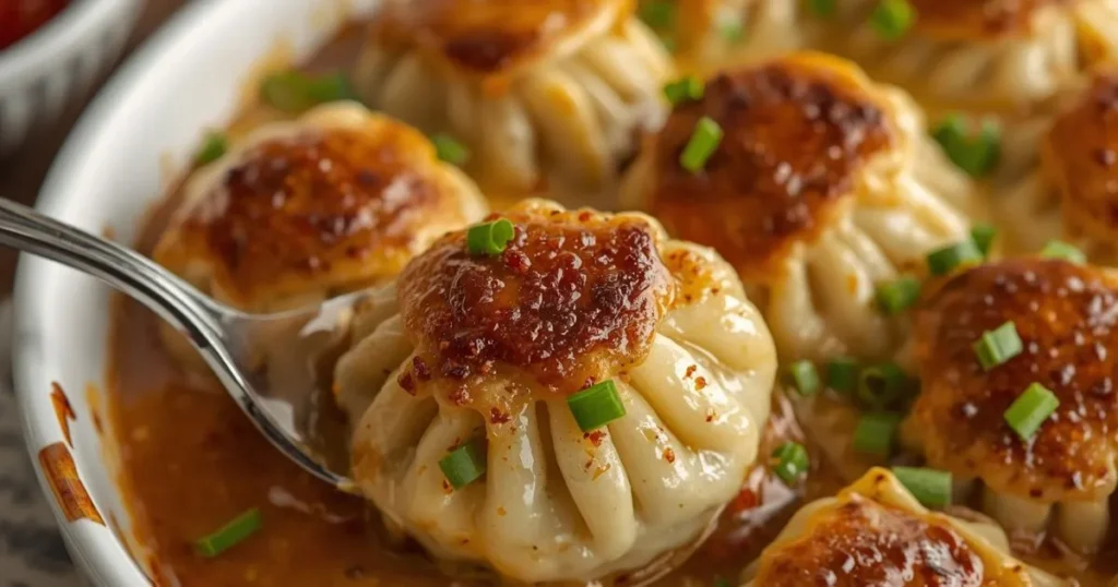 A golden, cheesy dumpling bake in a glass dish, with bubbling cheese and fresh green onion garnish.