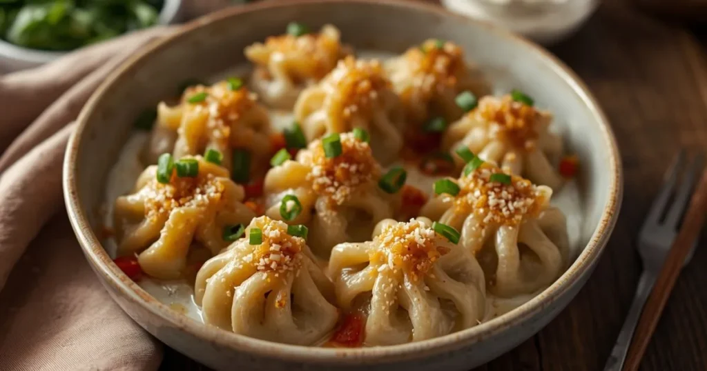Oven-baked dumplings covered in creamy cheese sauce, served in a baking dish with fresh herbs sprinkled on top.
