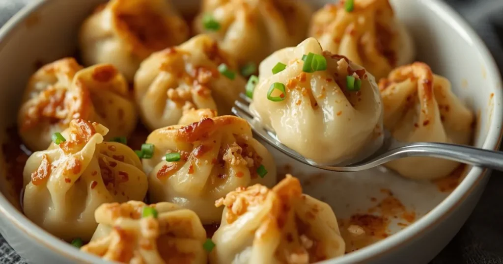 Oven-baked dumplings covered in creamy cheese sauce, served in a baking dish with fresh herbs sprinkled on top.