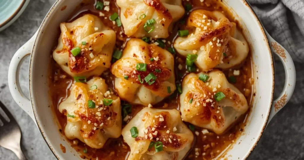 Hot and cheesy dumpling bake fresh from the oven, topped with melted cheese and garnished with green onions.