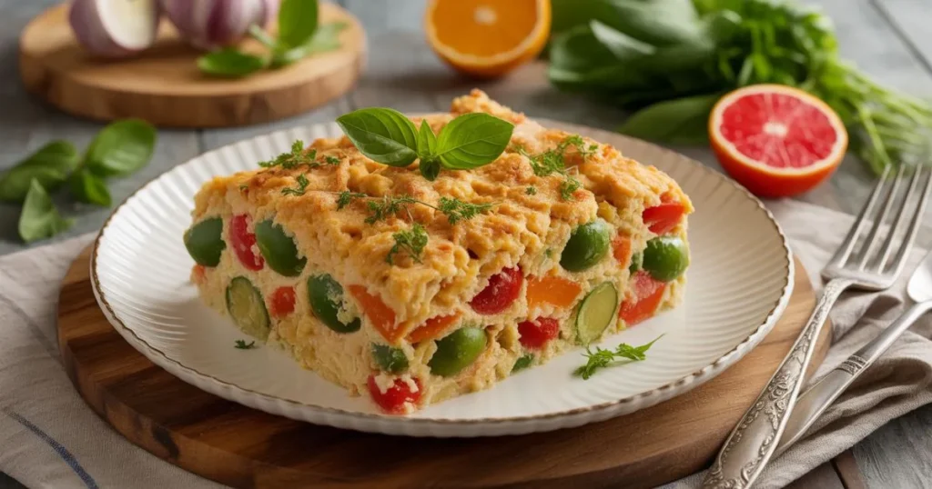 A baked Haitian chicken dish fresh out of the oven, with colorful vegetables and rich, aromatic seasoning