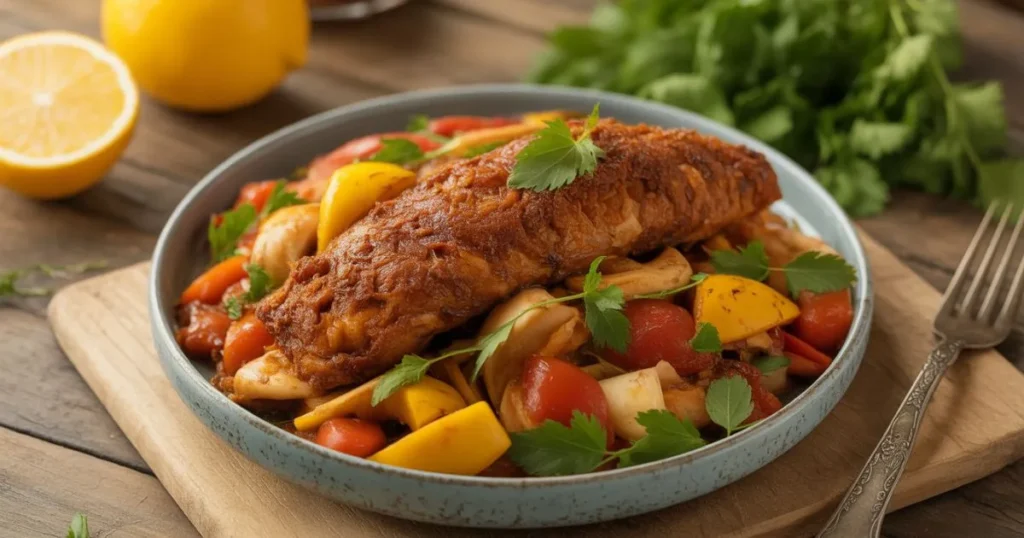 A serving of Haitian chicken bake with bell peppers on a white plate, showing a simple, flavorful meal.