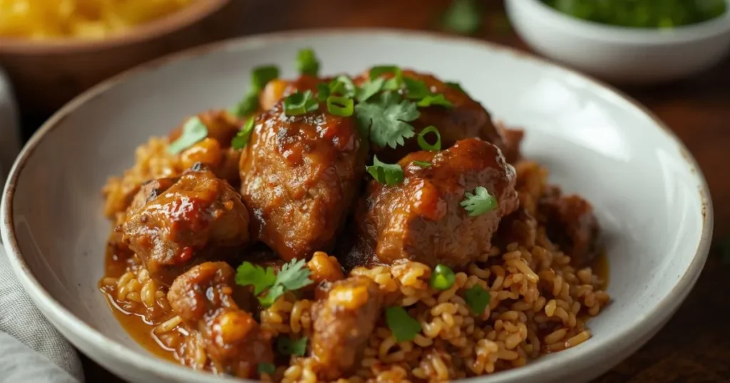 Haitian chicken bake served with fried plantains and a fresh side salad, ready for a family dinner.