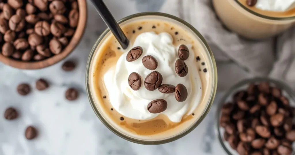 Homemade iced vanilla latte served in a tall glass with ice cubes and straw.