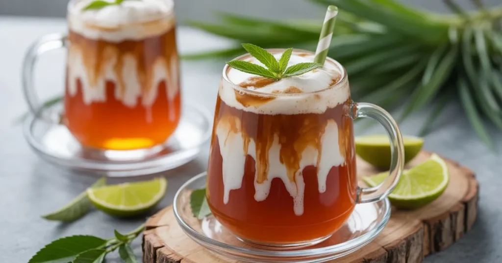 Iced vanilla latte with ice cubes and a sprinkle of cinnamon on top.