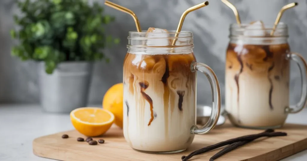 A clear glass iced latte with milk swirling into coffee, iced cubes, and bright background.