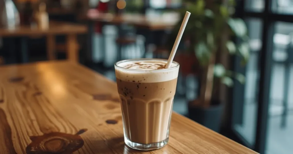 A tall glass of iced vanilla latte with ice cubes and a drizzle of vanilla syrup, placed on a sunny table with a spring-themed background, perfect for spring coffee drinks.