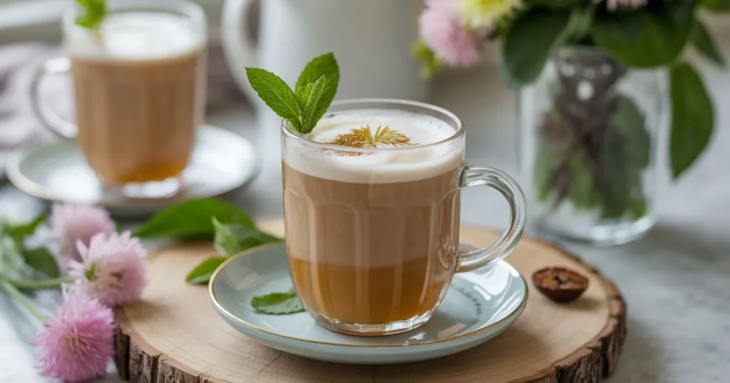 Close-up of a creamy iced vanilla latte on a bright spring table.