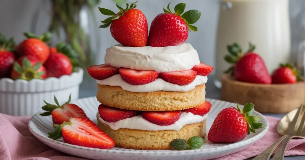 Close-up of a vegan strawberry shortcake showing fluffy coconut cream and juicy strawberries.