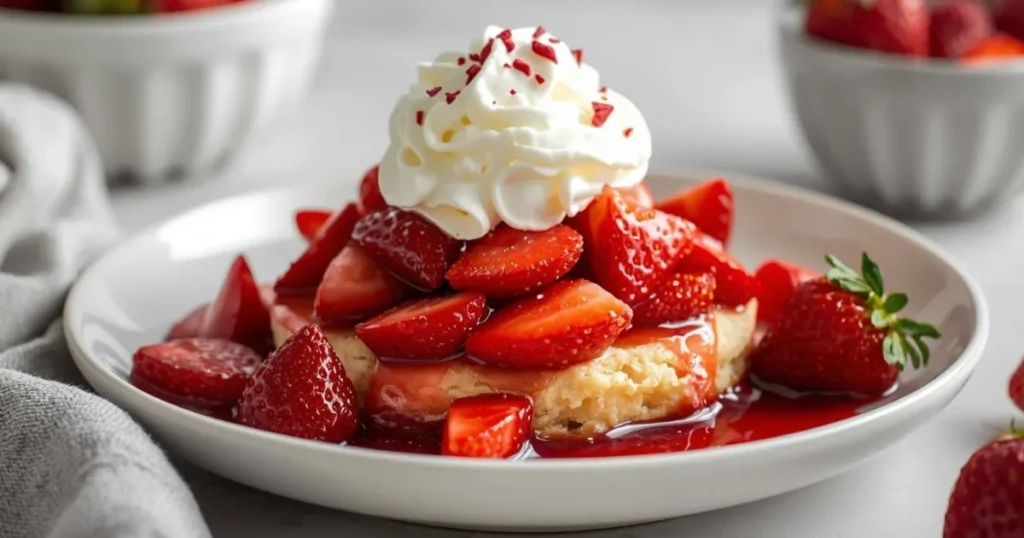 Vegan strawberry shortcake served on a white plate with fresh mint garnish and syrup drizzle.