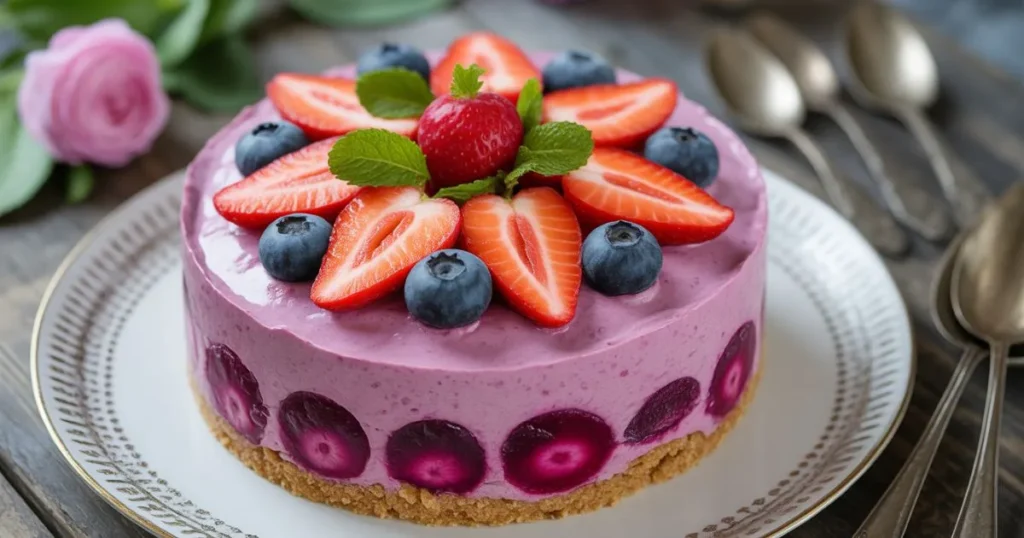 Vegan shortcake with layers of biscuits, coconut cream, and fresh strawberries ready to serve.