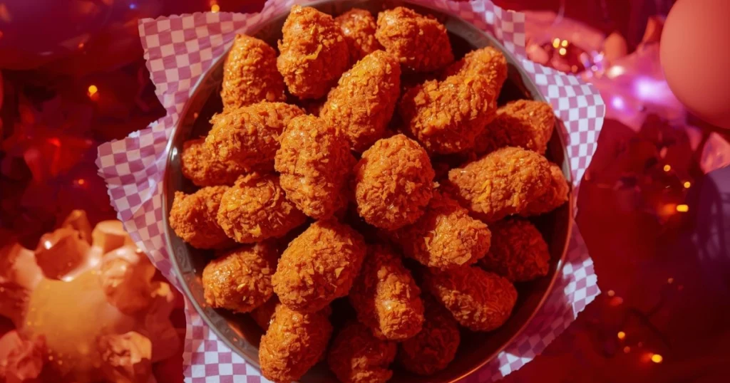 Plate of golden crispy chicken bites served on a party platter with dipping sauce.