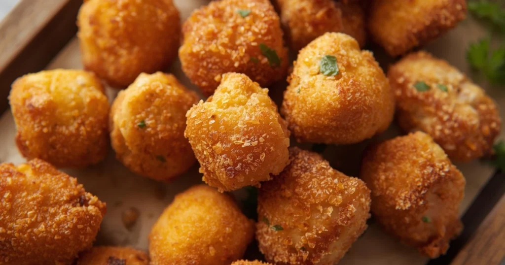 Close-up of crispy chicken bites with a side of barbecue and ranch dipping sauces.