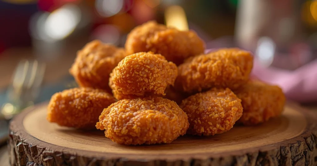 Crispy chicken bites on a wooden board with parsley garnish, ready to serve at a party.