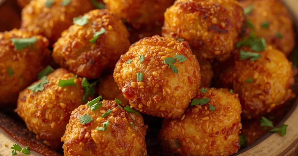 Golden-brown chicken bites served in a colorful party platter with dipping sauces.