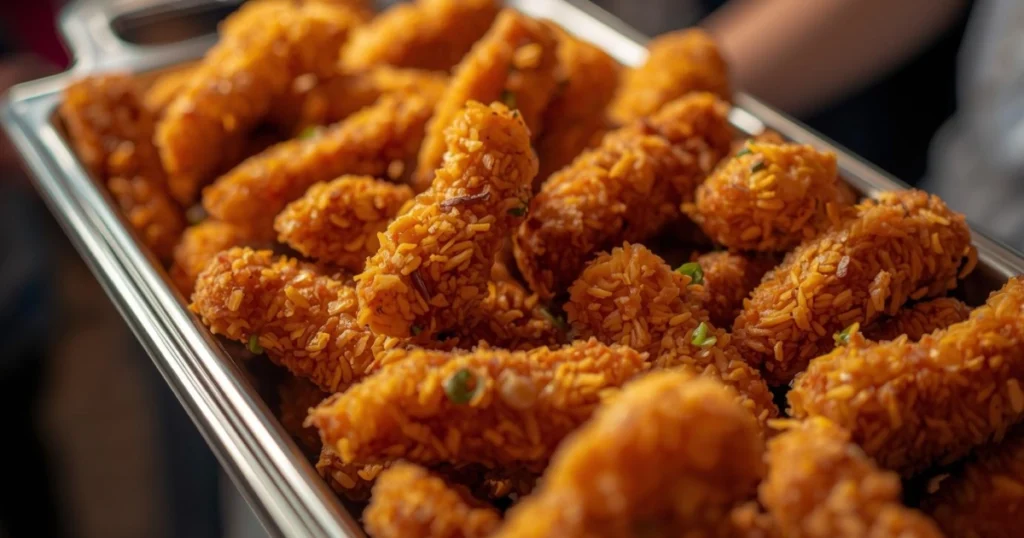 Top view of golden chicken bites arranged neatly on a platter with dipping sauces.