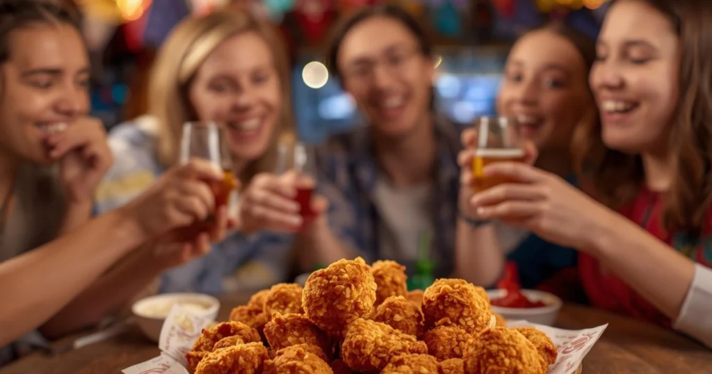 Hand picking up a golden chicken bite from a party platter.