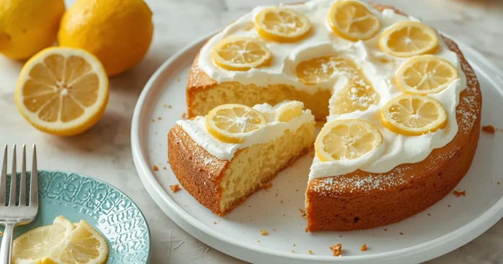 A hand holding a slice of soft lemon cake with powdered sugar sprinkled on top.