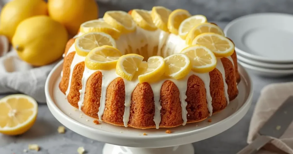 Lemon cake on a cake stand with flowers and lemons around, styled for spring season.