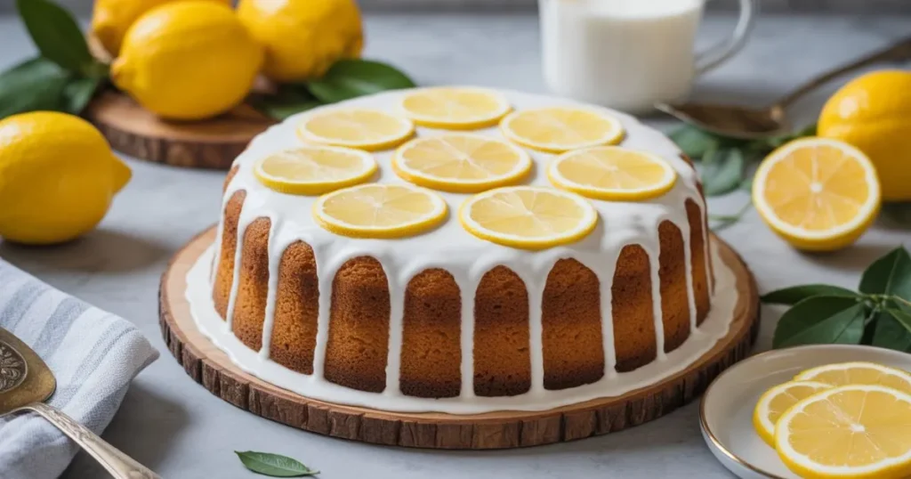 Top view of a golden lemon cake with a slice cut out, surrounded by lemon halves and a spring napkin.