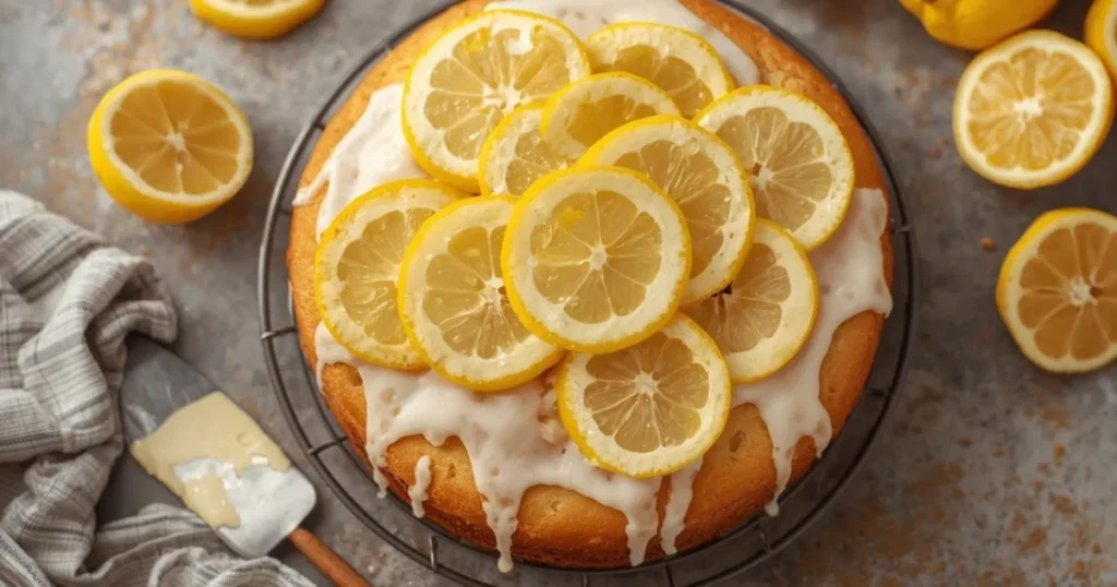 Top view of a golden lemon cake with a slice cut out, surrounded by lemon halves and a spring napkin.