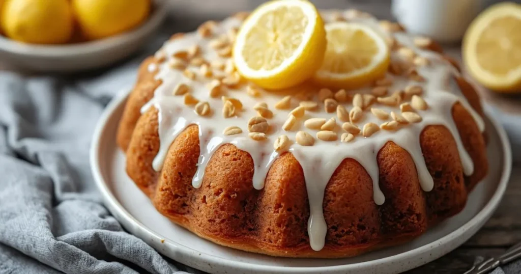 A hand holding a slice of soft lemon cake with powdered sugar sprinkled on top.