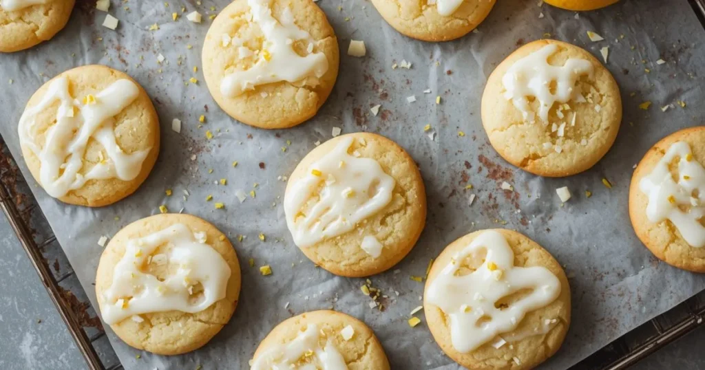Fresh homemade lemon cookies with a soft texture and light golden edges on a baking tray, topped with lemon zest and powdered sugar.