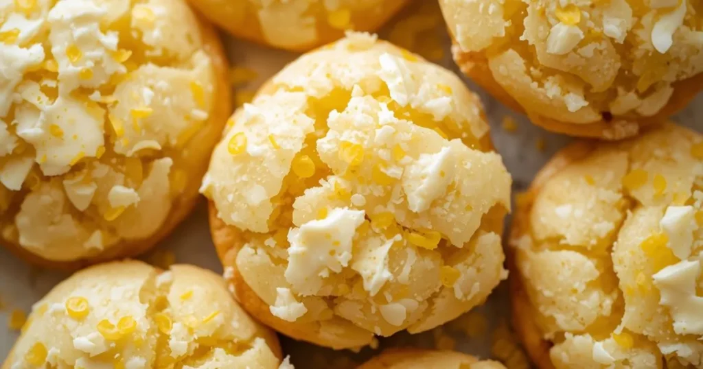 Homemade lemon cookies with a soft center and slightly crisp edges arranged on parchment paper with lemon slices.