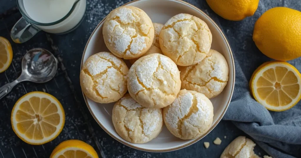 Spring themed lemon cookies decorated with light glaze and served with fresh lemons and flowers.