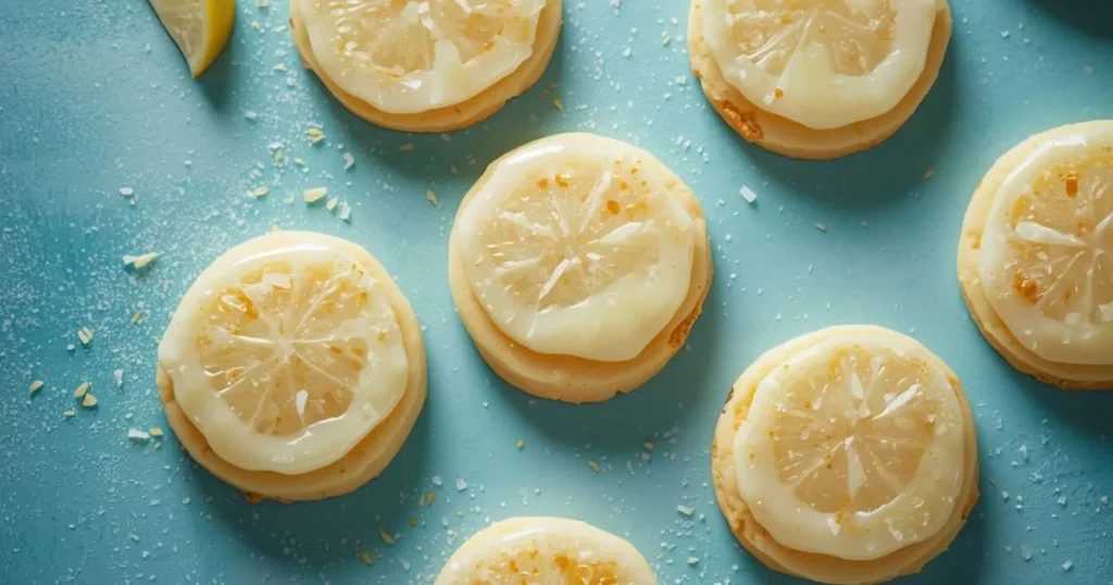 Homemade lemon cookies with a soft crumb and citrus glaze displayed on a wooden table with lemons.