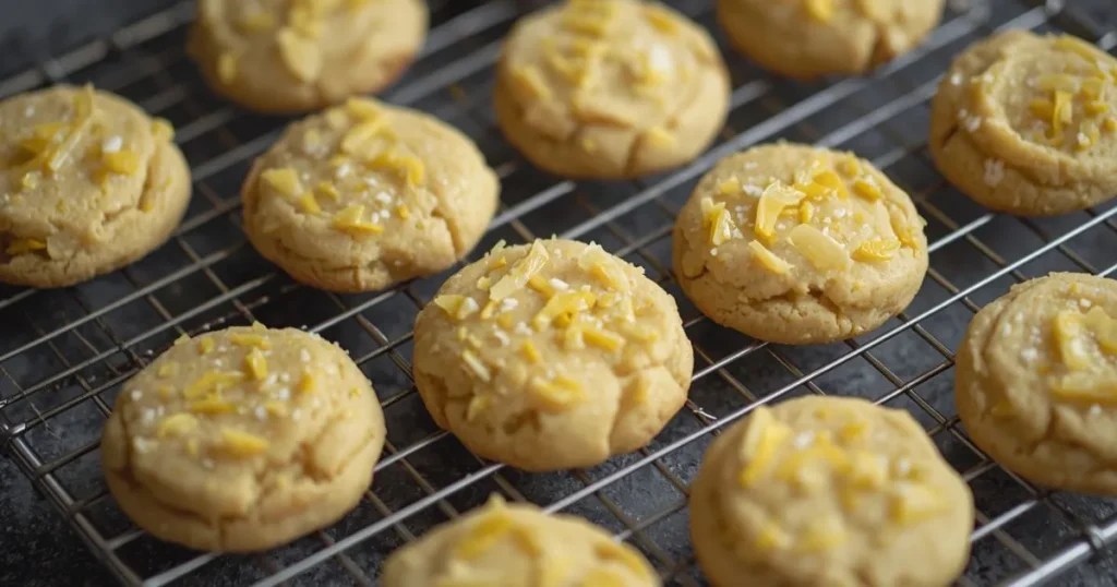 Soft homemade lemon cookies with slightly golden edges displayed on a baking tray with fresh lemon slices nearby.