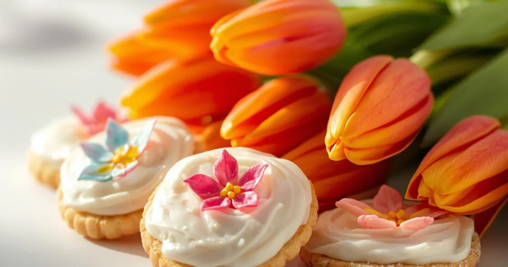 Cookies decorated with buttercream flowers in pink, yellow, and white, arranged on a wooden table.