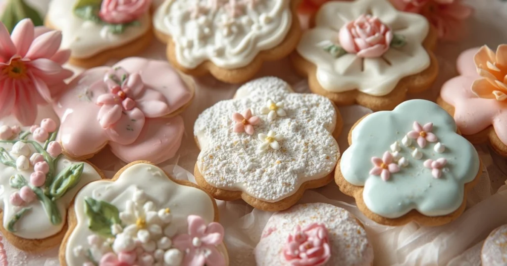 Bowl of colorful sprinkles and flower-shaped cookies ready for decorating on a spring-themed table.